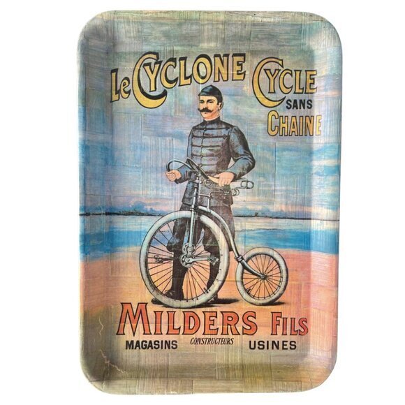 <<SOLD<< 5 Serving Trays Woven Bamboo Milk Bicycle Antique Adverts Vintage 70s - Picture 3 of 6